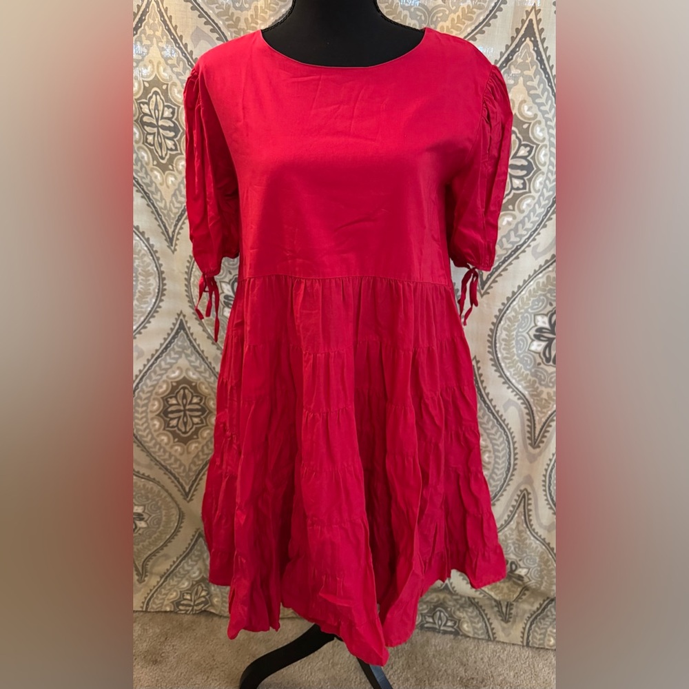 Merlette Serling Scoop Neck Mini Tent Dress - Size Small- Red Cotton